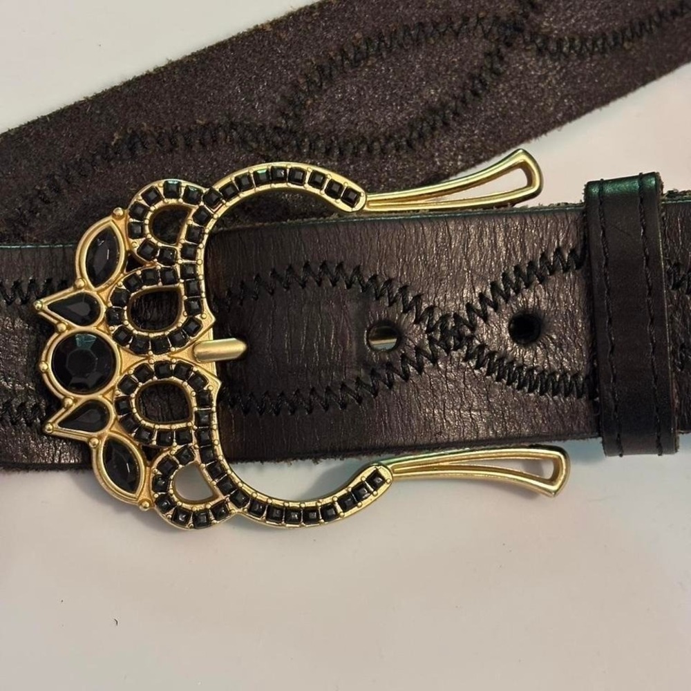 VTG BETSEY JOHNSON Black Leather Belt Gold &‎ Gemstone Buckle